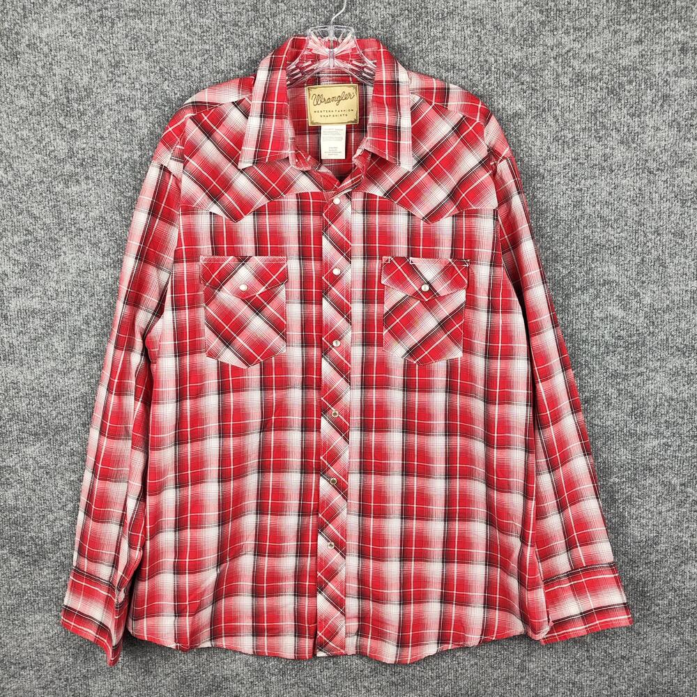 Wrangler Shirt Mens XL Red Plaid Western Pearl Snap Button Long Sleeve